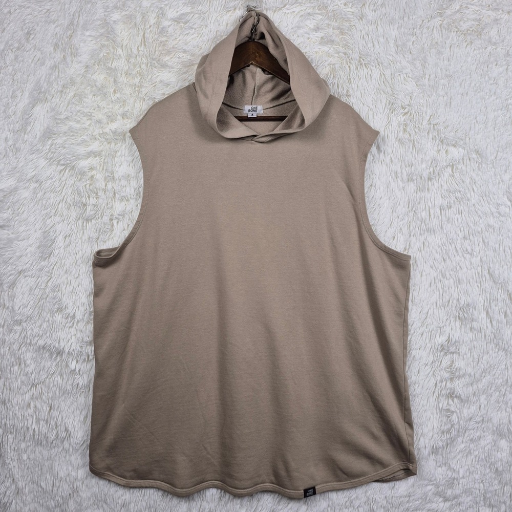 One Bone Mens Sleeveless Hoodie Tan French Terry Curved Hem Size 4 Athleisure
